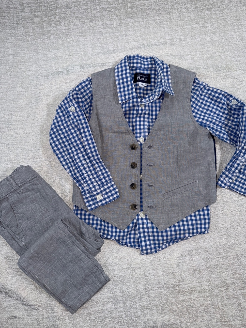 The Children's Place Gray Vest and Pants with Royal Blue Gingham Shirt
